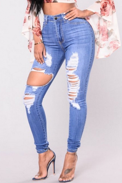 Womens Trendy Destroyed Ripped Hole Stretch Fit Light Blue Skinny Jeans