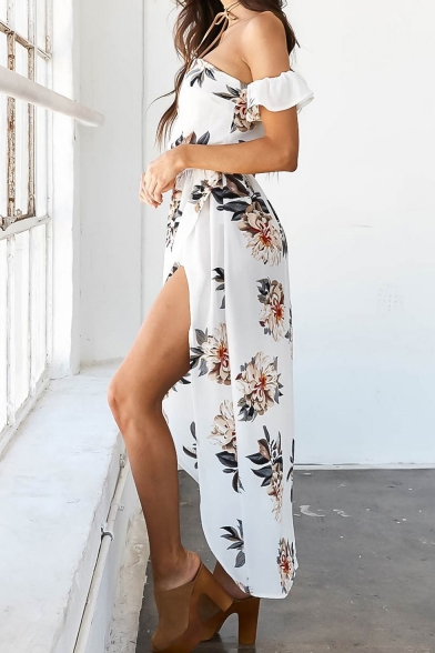 Womens Trendy Holiday White Tropical Leaf Printed Sexy Off the Shoulder Split Side Asymmetrical Dress