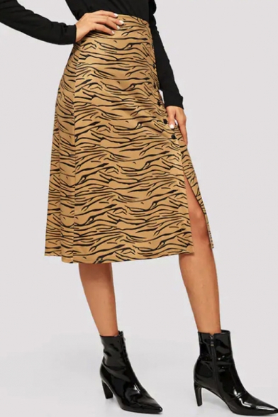 Womens Trendy Khaki Leopard Printed Button Down Midi Fitted Skirt