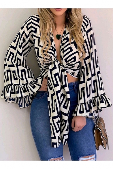 Womens Trendy Plaid Stripe Print Ruffled Bell Long Sleeve Cropped Tied Blouse