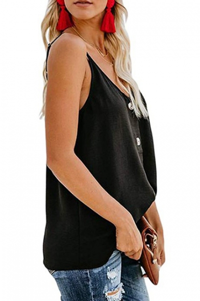 Womens Trendy Simple Plain V-Neck Button Down Loose Fit Cami Top