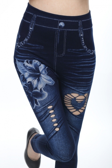 Womens Trendy Skinny Fitted Floral Print Hollow Out Fake Denim Leggings Pants