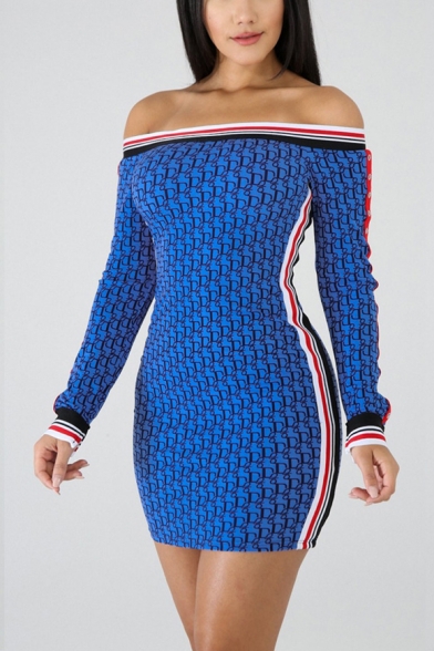 Womens Unique Blue Striped Trim Sexy Off the Shoulder Long Sleeve Mini Bodycon Dress