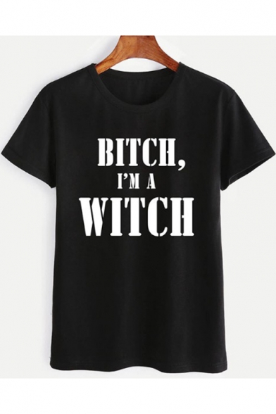 BlTCH I'M A WITCH Cool Letter Pattern Round Neck Short Sleeve Black Tee
