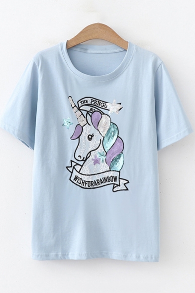 Cartoon Sequined Unicorn Basic Short Sleeve Loose Fit T-Shirt