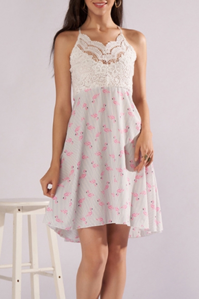 Chic Lace Crochet Patched Allover Flamingo Print Open Back Mini A-Line Slip Dress
