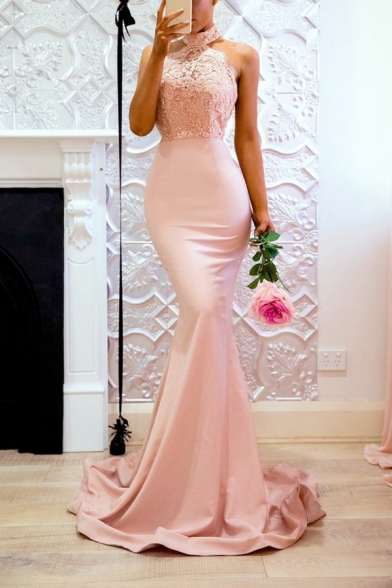 Fancy Pink Chic Lace Panel Halter Neck Sexy Open Back Floor Length Bodycon Evening Dress