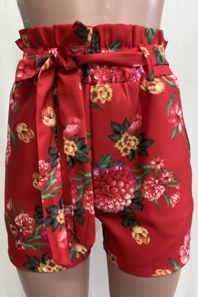 Fashion Chic Floral Printed Bow-Tied Waist High Rise Paperbag Shorts