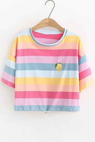Fashion Cute Colorful Stripe Print Round Neck Short Sleeve Crop Tee for Girls