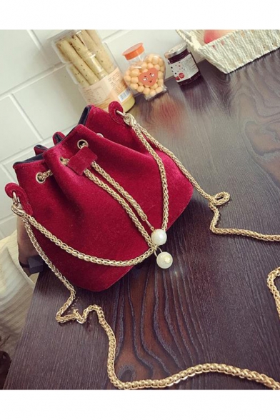 Fashion Solid Color Velvet Pearl Embellishment Chain Drawstring Bucket Bag 21*22*15 CM