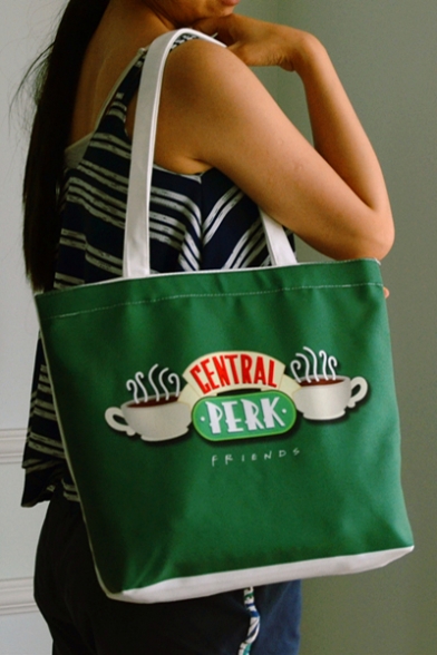 Friends CENTRAL PERK Coffee Cup Printed Vintage Green Canvas Shopping Bag Shoulder Bag 32*40*10cm