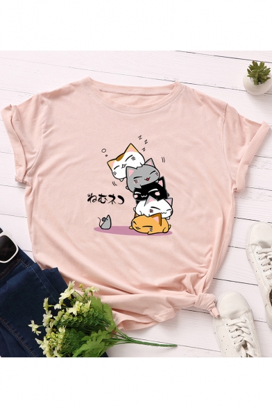 Funny Cartoon Cat Pattern Basic Round Neck Short Sleeve Loose Fitted Cotton T-Shirt