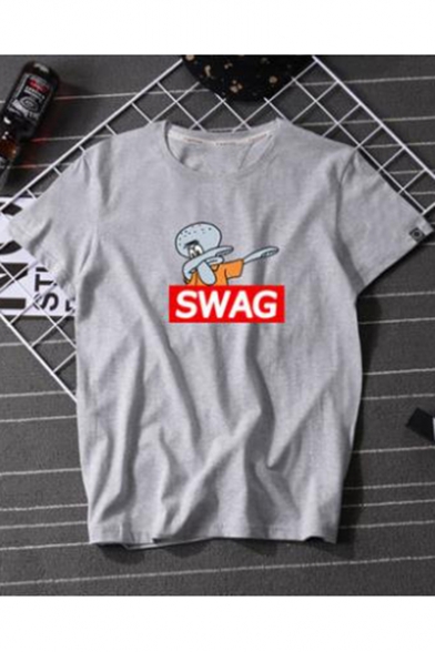 Funny Cartoon Letter SWAG Octopus Pattern Basic Round Neck Short Sleeve Casual Tee
