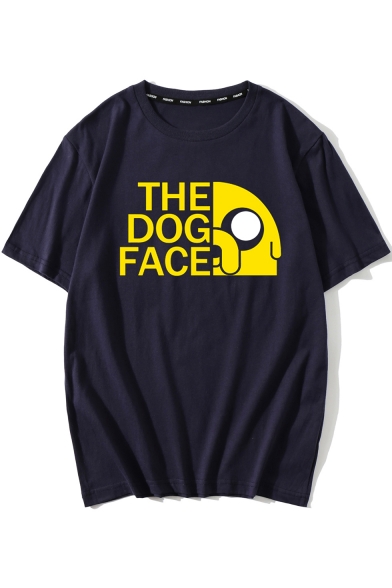 Funny Cartoon Letter THE DOG FACE Print Short Sleeve Cotton Loose Tee