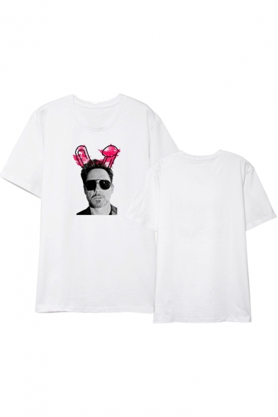 Funny Cute Rabbit Figure Printed Round Neck Short Sleeve White Cotton Tee