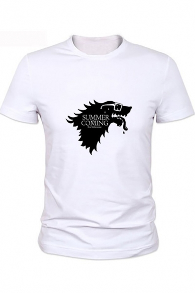 Funny Wolf Head Letter Summer is Coming Print Basic Short Sleeve White Tee