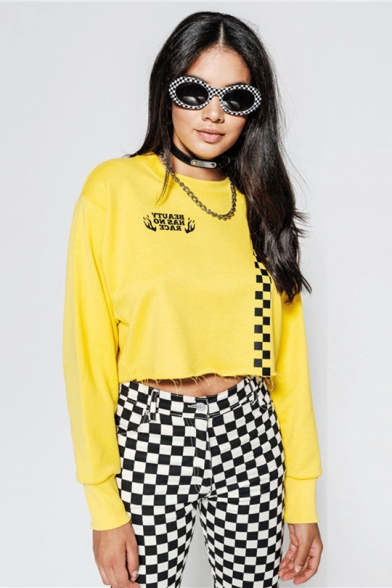 Girls Cool Letter BEAUTY HAS NO RACE Checkerboard Printed Round Neck Long Sleeve Yellow Cropped Dance Sweatshirt