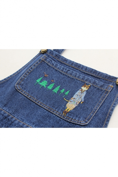 Girls Cute Cartoon Cat Embroidery Blue Denim Pinafore Mini Dress