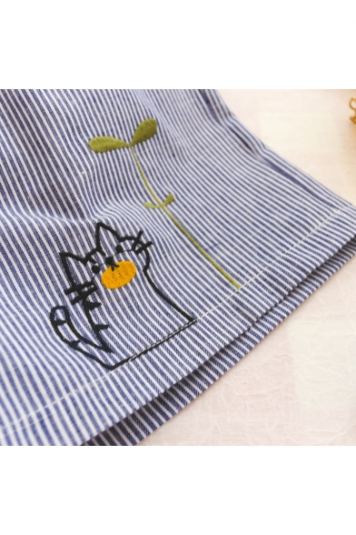 Girls Cute Cartoon Cat Embroidery Drawstring Waist Blue Striped Casual Shorts