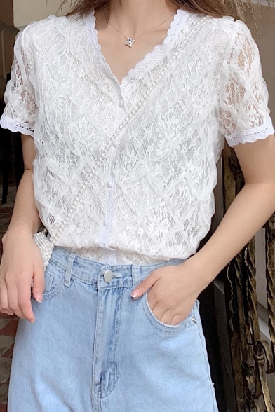 Girls Designer Fancy Plain White V-Neck Short Sleeve Button Front Lace Shirt Blouse