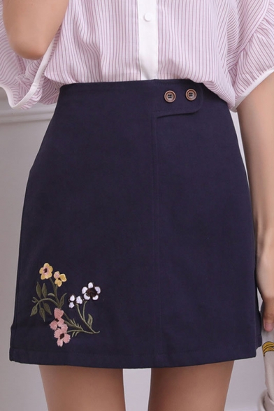 Girls Fashion Floral Embroided Double-Button Waist Navy Blue Mini A-Line Skirt
