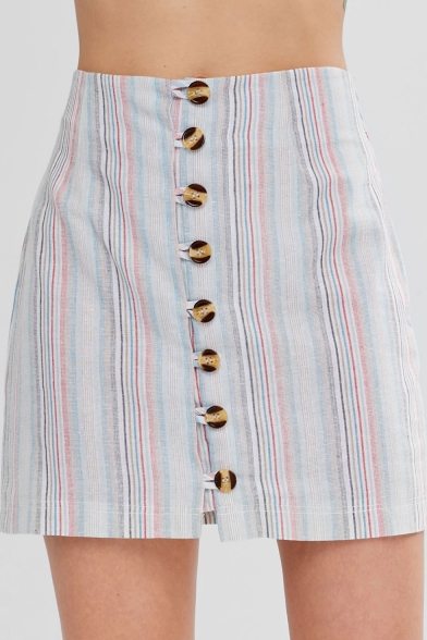 Girls Summer Fancy Striped Print Button Front Mini A-Line Skirt