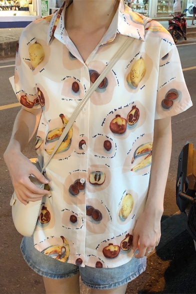Girls Summer Funny Fruit Print Short Sleeve White Button Down Shirt