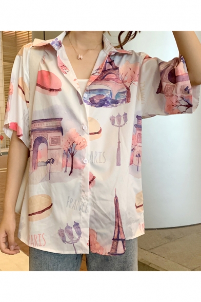 Girls Summer Retro Painting Print Short Sleeve Button Pink Shirt