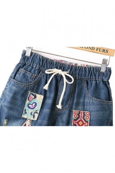 Girls Tribal Print Patched Drawstring Waist Rolled Cuff Casual Denim Shorts