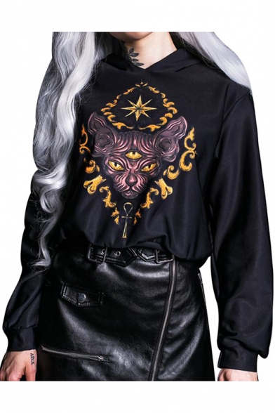 Girls Unique Cool Gothic Style Three-Eyed Cat Print Long Sleeve Black Hoodie
