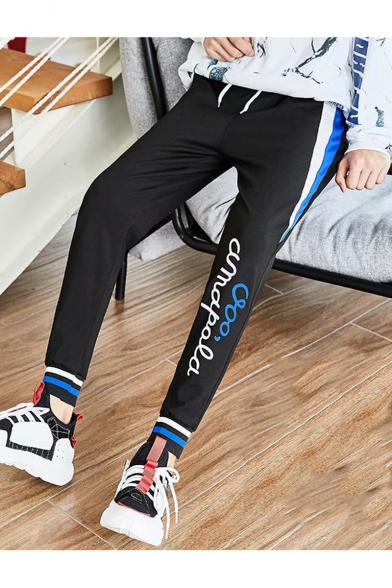 Guys New Fashion Colorblock Stripe Side Letter Printed Drawstring Waist Casual Warm Sweatpants