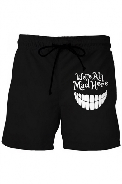 Guys Popular Fashion Letter WE'RE ALL MAD HERE Printed Drawstring Waist Black Casual Sweat Shorts