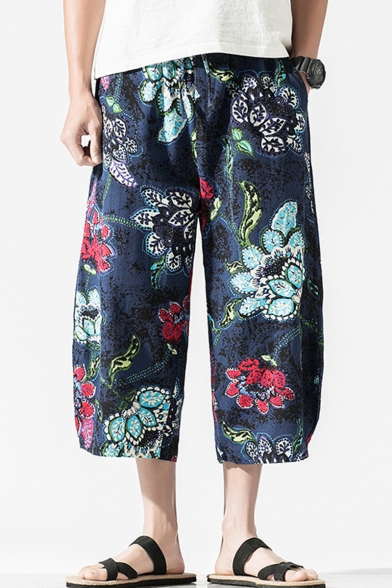 Guys Summer New Fashion Cartoon All-over Printed Chinese Style Drawstring Waist Cropped Wide Leg Pants
