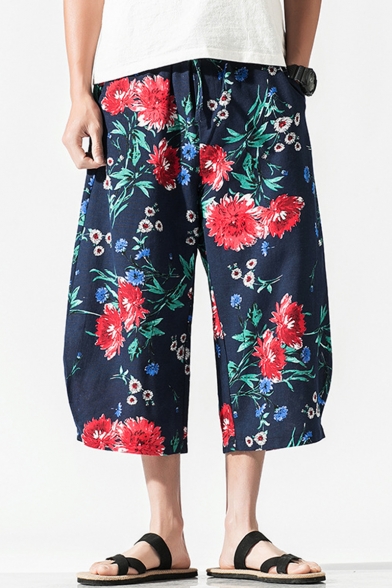 Guys Summer New Fashion Cartoon All-over Printed Chinese Style Drawstring Waist Cropped Wide Leg Pants