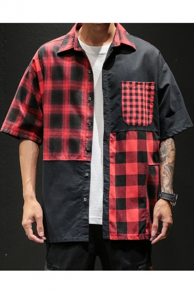 Guys Summer Vintage Plaid Pattern Stylish Patchwork Short Sleeve Casual Over Shirt