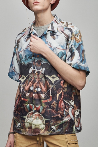 Guys Unique Fashion Abstract Oil Painting Short Sleeve Loose Fit Holiday Shirt