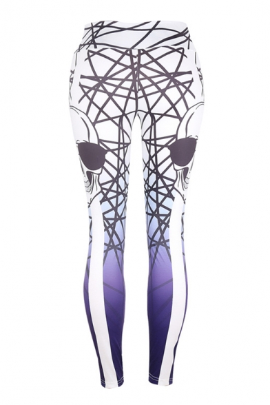 Halloween Style Skull Printed Striped Side Elastic Waist Skinny Fitted Legging Pants