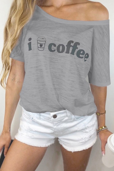 Hot Fashion Letter I LOVE COFFEE Pattern One Shoulder Short Sleeve Casual T-Shirt