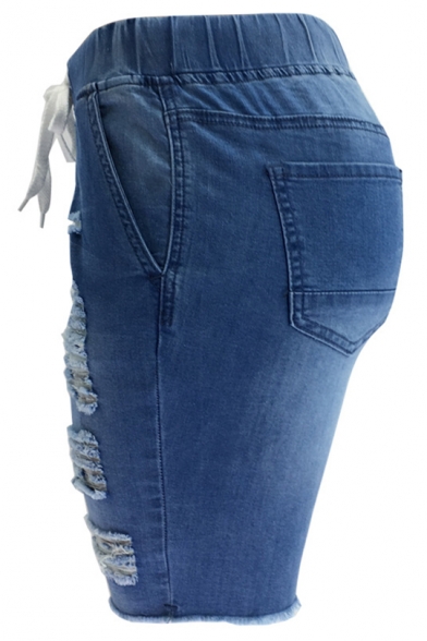 Hot Popular Drawstring Waist Distressed Ripped Blue Skinny Fit Half Denim Shorts