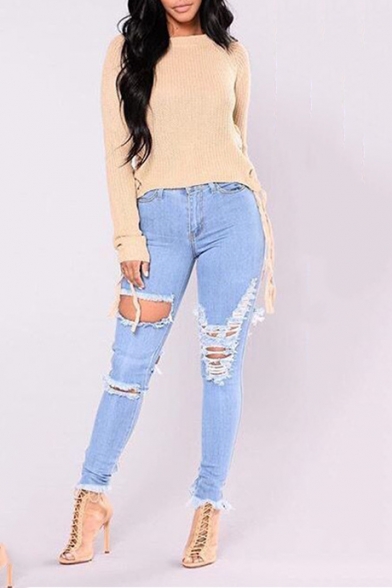 Light Blue Destroyed Ripped Stretch Fit Skinny Denim Jeans for Women