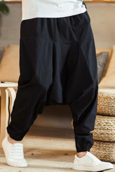ZXFHZS Men Fashion Elastic Waist Baggy Drop Croych Casual Harem Pants 