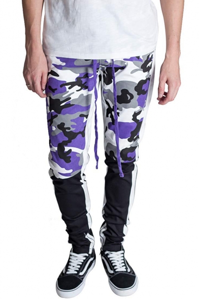Men's Cool Fashion Camouflage Patched Drawstring Waist Slim Fit Casual Cotton Sweatpants Pencil Pants