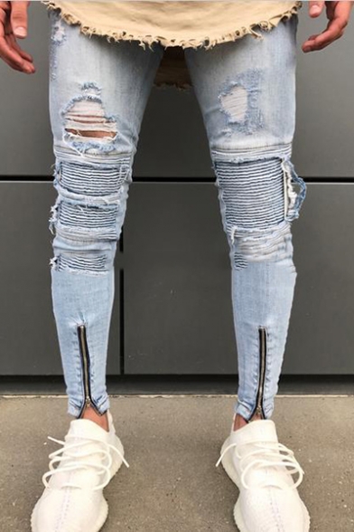 Men's Cool Fashion Zip Cuff Pleated Knee Patched Stretch Slim Fit Light Blue Ripped Jeans