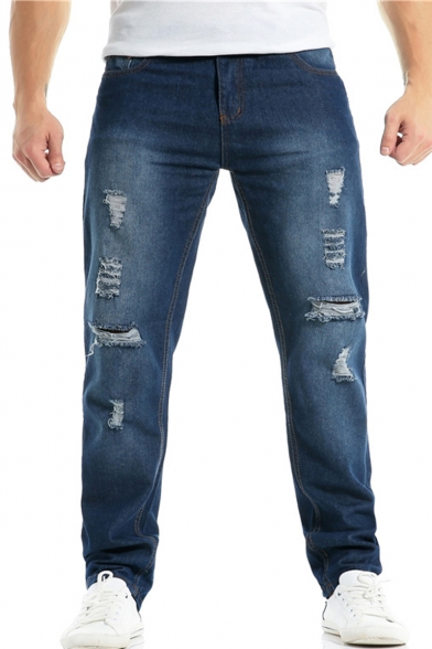Men's Fashion Plain Vintage Washed Straight Loose Ripped Jeans