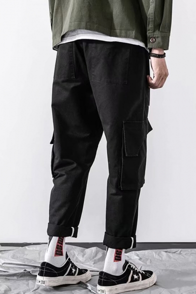 Men's Fashion Simple Plain Multi-pocket Rolled Cuffs Cotton Cargo Pants for Men