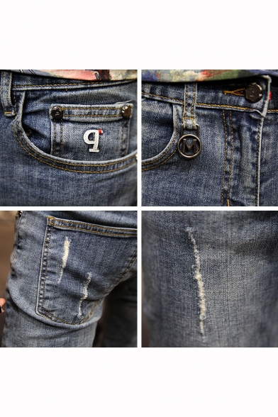 Men's Fashion Vintage Denim Washed Letter Mental Embellished Slim Fit Blue Ripped Jeans