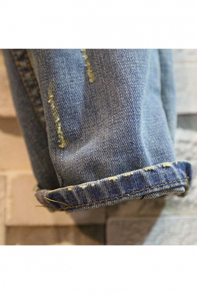 Men's Fashion Vintage Washed Embroidery Detail Light Blue Frayed Ripped Jeans