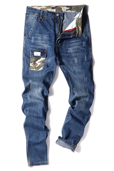 Men's New Fashion Camouflage Printed Mini Flap Pocket Patched Zip-fly Blue Ripped Jeans