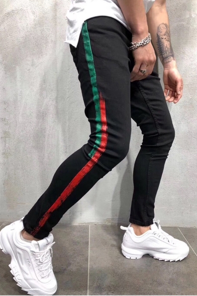 Men's New Stylish Colorblock Stripe Side Black Slim Fit Jeans