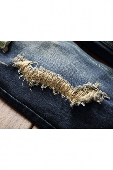 Men's New Stylish Contrast Ripped Detail Rolled Cuffs Regular Fit Vintage Blue Jeans